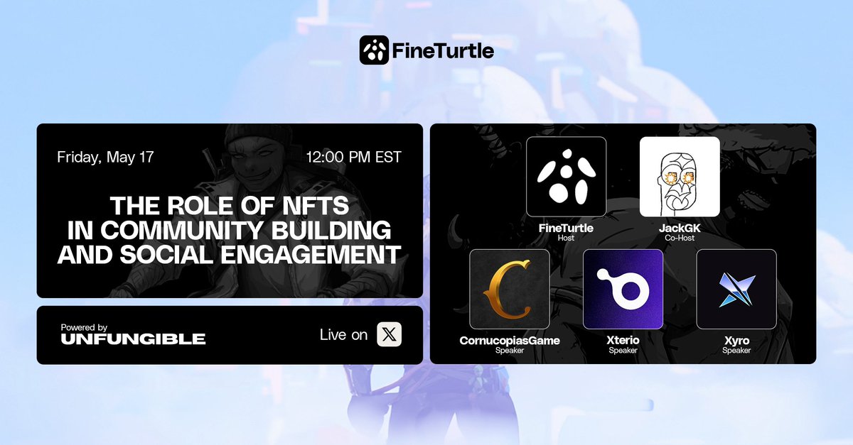 FineTurtleNFT's tweet photo. The Role Of NFTs In Community Building And Social Engagement

Join us this Friday alongside our panelists @XterioGames @CornucopiasGame @xyro_io
 
⏰May 17th, 12 PM EST

Set your reminders👇 https://t.co/88b0DSVbfl