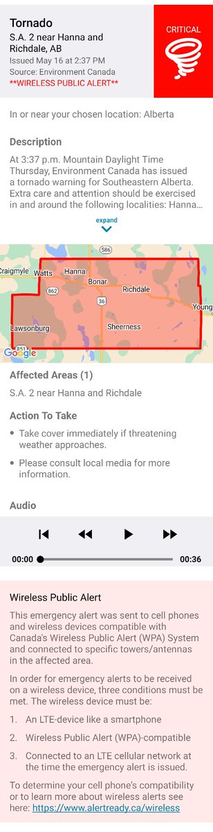 Shared: Tornado Alert - S.A. 2 near Hanna and Richdale, AB alberta.ca/emergencyalert