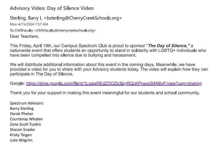 NEW: Campus Middle School in Greenwood Village, Colorado, required staff to show LGBTQ+ activist videos and worksheets to students in a schoolwide celebration of the trans 'Day of Silence.' Parents were, of course, kept completely in the dark.