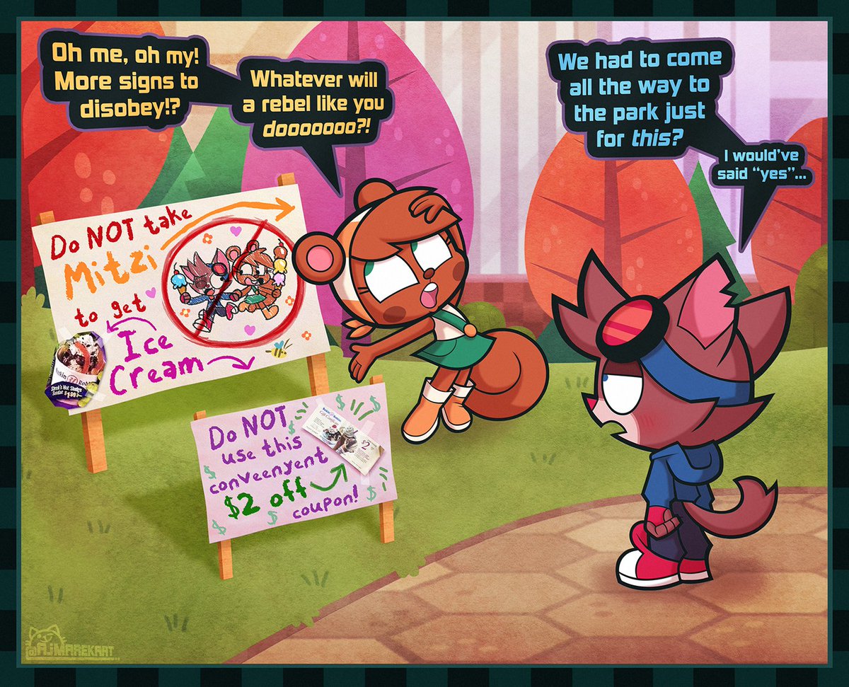 Follow-up comic to the last short! Seems Murphy's got one last totally official public safety sign to ignore. Looks like Mitzi understands reverse psychology...sorta. -- I'll gather up all the poses for this short next, I just have to export them all first.