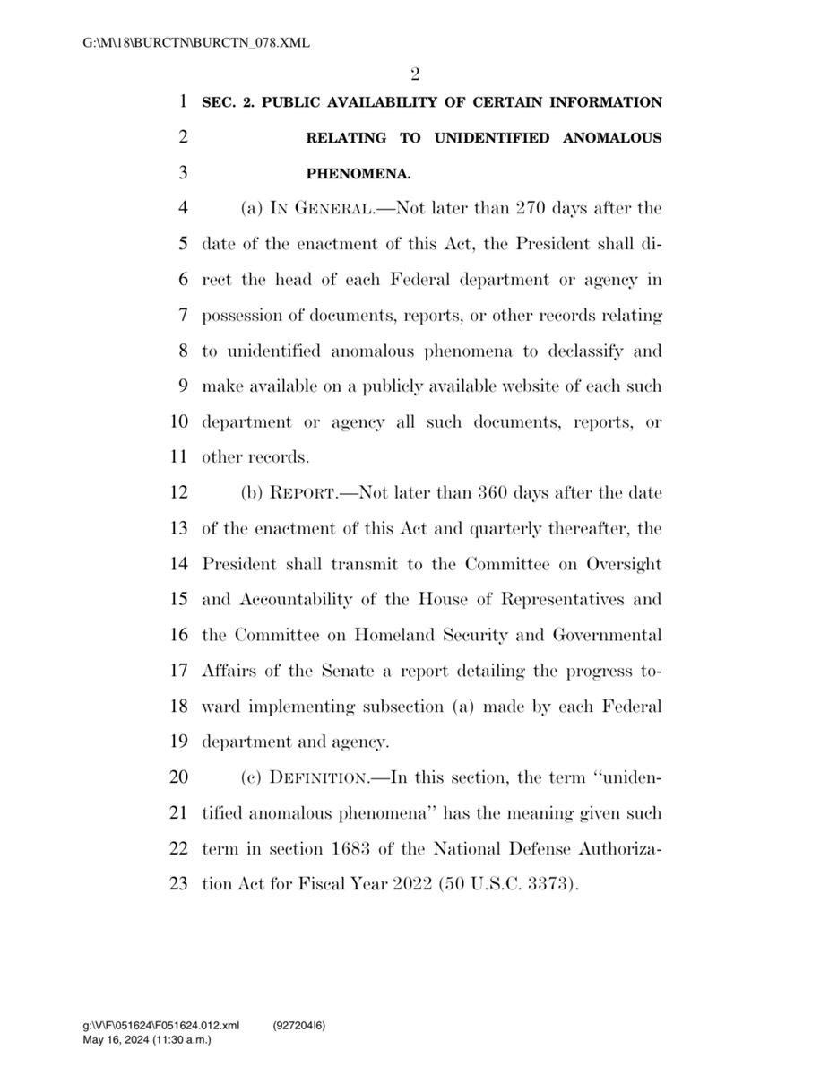 lesternare's tweet image. Today @timburchett introduced a new bill  that would require heads of each federal department/agency to declassify all documents related to UAPs.

It's 2 pages. 

Not that different than the FY24 NDAA UAP provisions. Also we still have UAP classification guidelines problem.