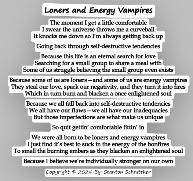 Loners and Energy Vampires
Daily Post #669

-

#loner #energy #vampires #art #artist #writer #writing #poetry #poet #poets #poem #poems #fyp #fypシ゚ #fypシ゚viral #foryoupage #foryou #foryourpage #love #life #lifelessons #WordsOfWisdom #wisdom #wisewords #selfhelp #PoemADay