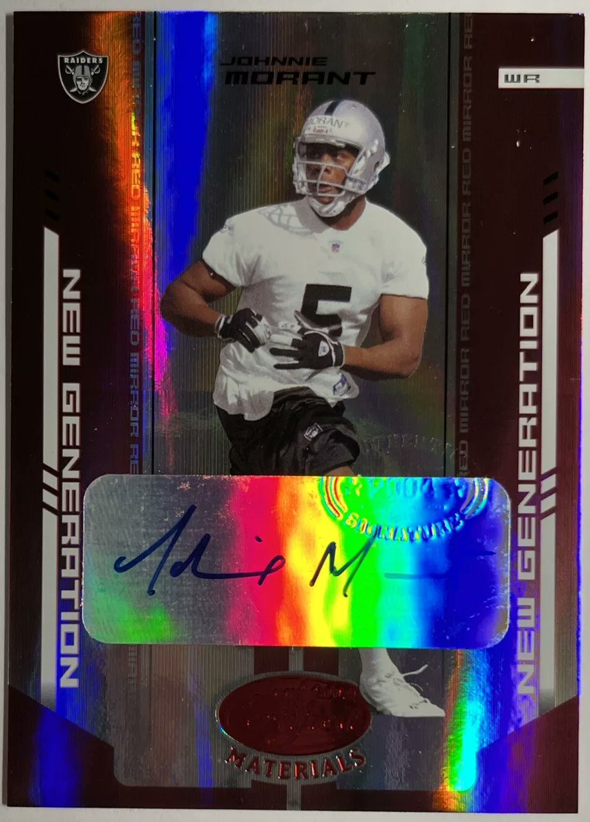We have here a Football 2004 Johnnie Morant #Raiders Leaf Certified Materials Blue Rookie Certified Autograph Card #181, only 45 of 50 made. Asking $8.00. Feel free to make any offers. Retweet or stack if you want. @Acollectorsdrea @sports_sell @CardboardEchoes