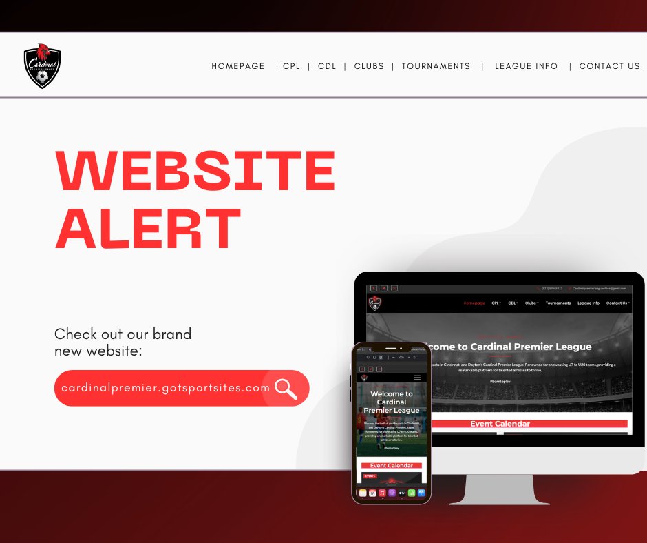 ~ New Website Alert ~

Our new website is live and ready for fall applications! Get registered today and visit us at cardinalpremier.gotsportsites.com

#CPL