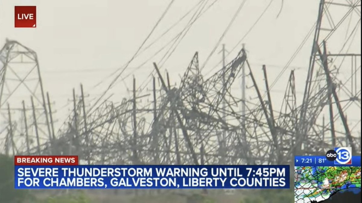 In2ThinAir's tweet image. Food for thought...
Those electrical towers that crumbled to the ground, are DESIGNED to NOT fall down in wind storms...Even big ones.
This is a total disaster for Texas. It's not the 1st this week either.
This was a mini #Hurricane to say the least!
Those who follow me...…