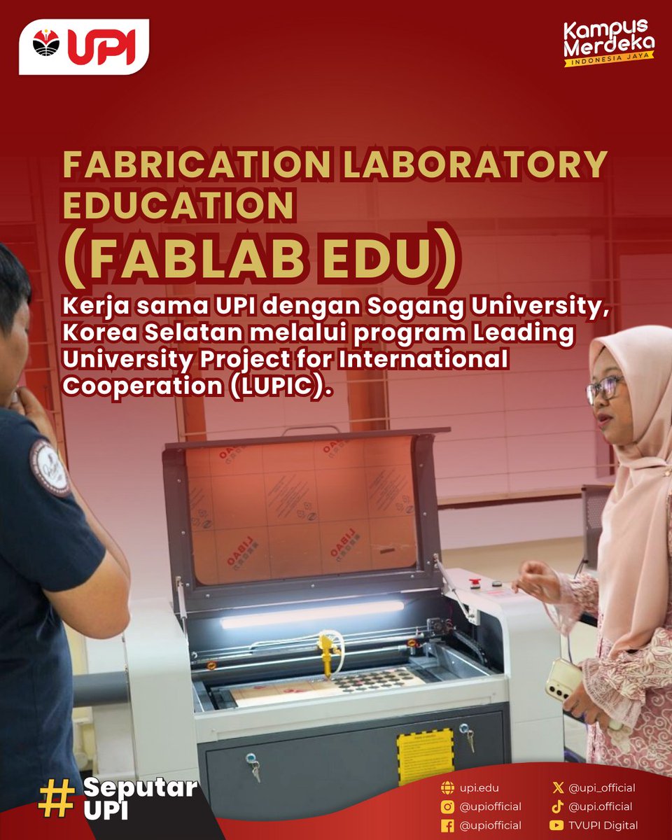 upi_official's tweet image. UPI mendapatkan hibah untuk mendirikan Fablab Edu dengan total peralatan yang disediakan oleh Leading University Project for International Cooperation (LUPIC) sebesar Rp776.500.850.- Fablab Edu dapat dimanfaatkan oleh masyarakat luas.  

#SeputarUPI #FABLABEdu #PelopordanUnggul
