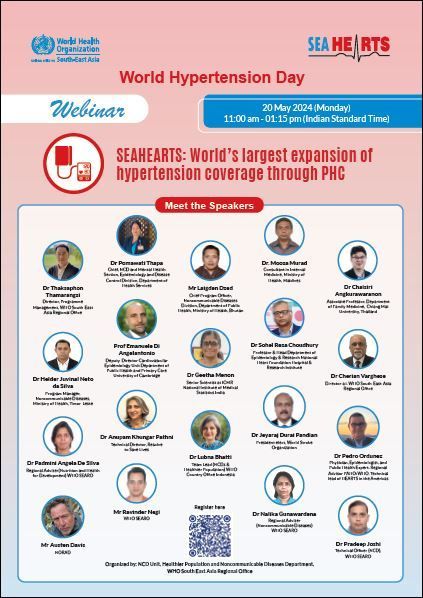 Have you registered for the webinar: ‘SEAHEARTS: World’s Largest Expansion of Hypertension Coverage through PHC’? Check out who's speaking 👇🏾 🔗: buff.ly/4bEO8eY