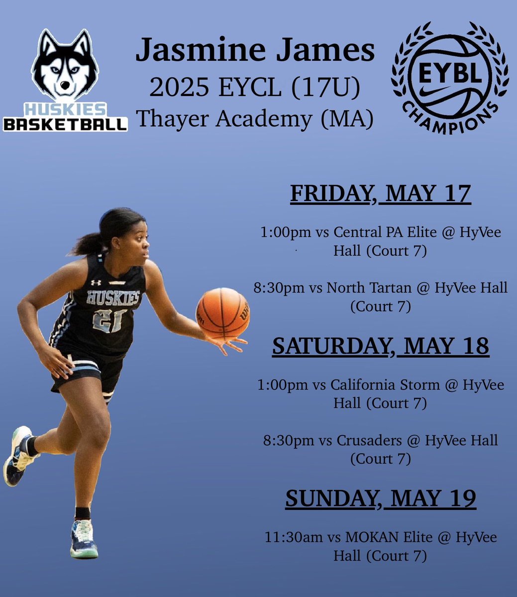 Here is my schedule for the Nike EYCL session 2 in Des Moines, Iowa!! Come and watch me and my team play!!
<a href="/DanB1222/">CoachDan</a> <a href="/MAHuskies_eycl/">Mass Huskies EYCL</a>