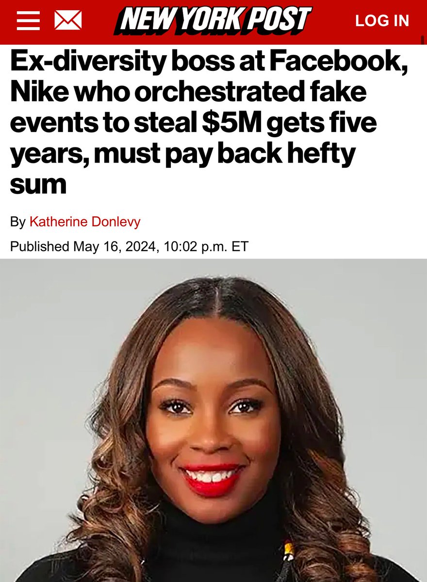 DEI is a massive grift. Barbara Furlow-Smiles, who ran DEI programs for Facebook and Nike has been sentenced to five years in prison and ordered to pay back $5 million she used to fund a 'luxury lifestyle.'

“Furlow-Smiles shamelessly violated her position of trust as a DEI