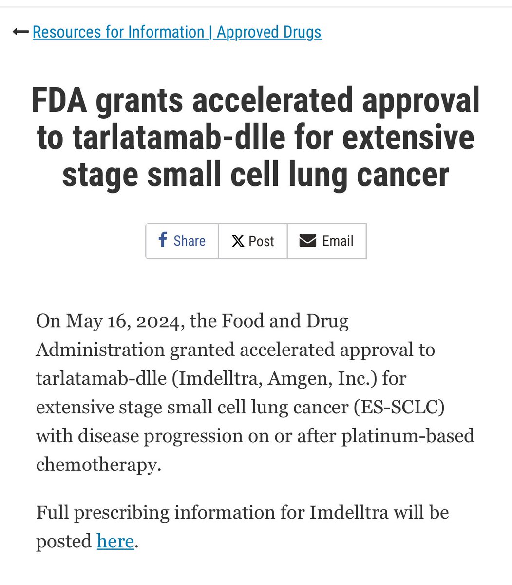🚨 @FDAOncology grants accelerated approval for tarlatamab (DLL3 targeting BiTE molecule) for relapsed es- small cell lung cancer after platinum-based therapy. A win for #lcsm ‼️ @AmgenOncology @OncoAlert @LungCancerRx