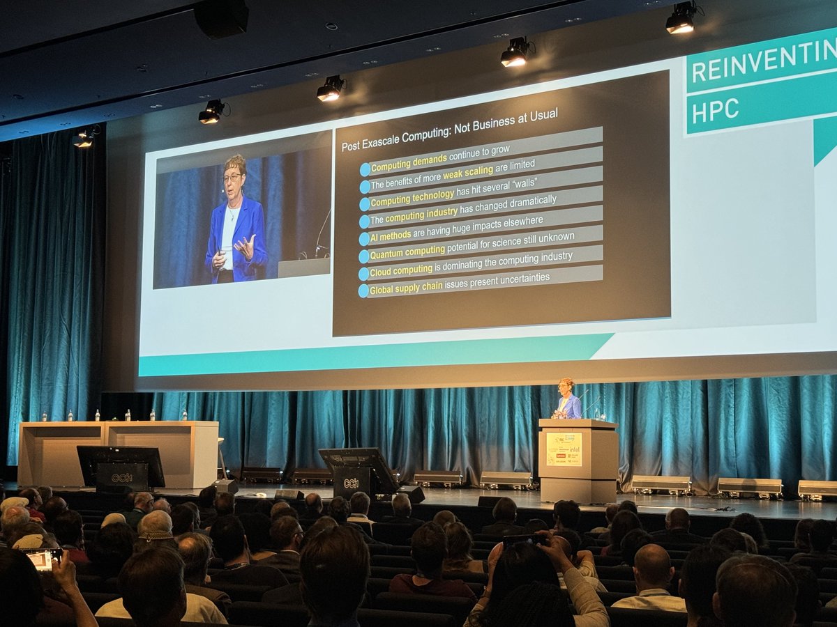 Kathy Yelick's keynote at #ISC24 was a deep dive into post-exascale computing. 'Not business as usual,' perfectly sums up her talk. She discussed weak scaling limits, industry transformations by hyperscalers, and the significant impacts of #AI and #cloud computing. #hpc