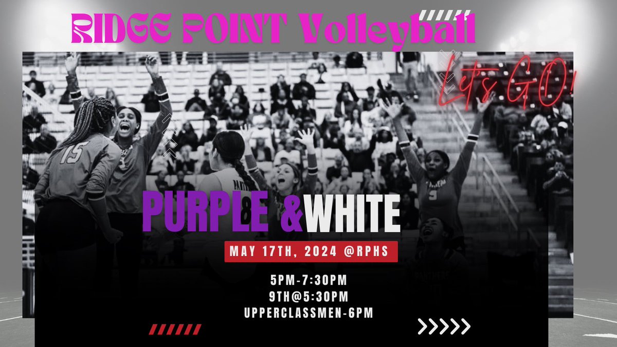 🏐 Join us for the 1st Annual Purple & White Spring Scrimmage! Excited to see these talented girls face off. Come meet the coaches & get a glimpse of next year’s team🤩🤩 ✔️Freshmen: 5:30-6:00 PM 🎉✔️Upperclassmen: 6:00-6:30 PM 🕕 Don't miss out! FREE ENTRY!!! @RP_PantherPride