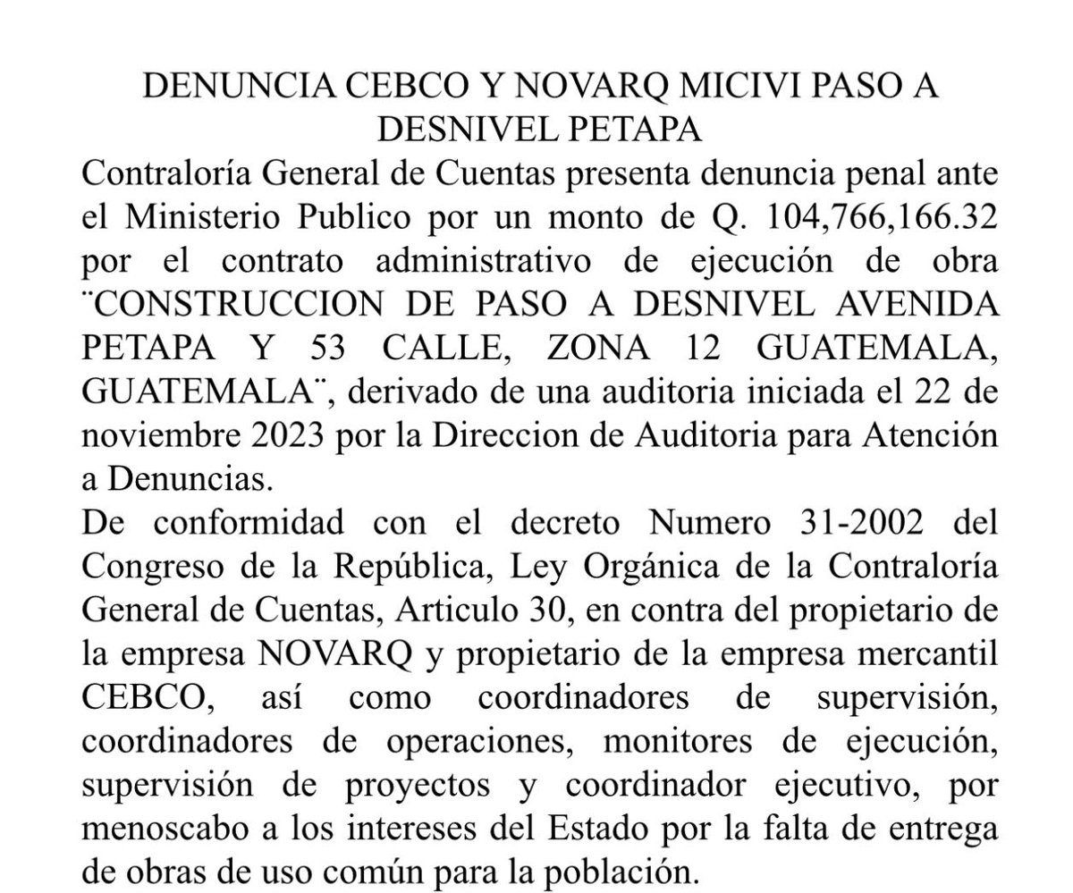 #AHORA La Contraloría General de Cuentas presentó una denuncia penal ante el Ministerio Público por un monto de más de Q104 millones, contra las empresas CEBCO, Novarq y Fondo de Desarrollo Social del Ministerio de Comunicaciones. Vía @JCChanta_EU