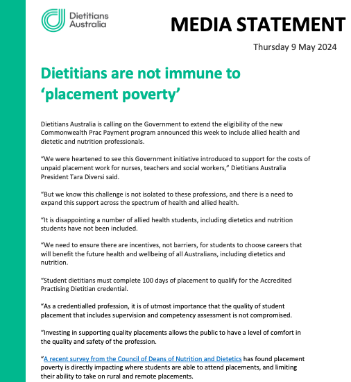 An important message to share! 💬 @dietitiansaus urges the government to invest in the future of the preventive health workforce and revise the placement program to include support for more professions in need (including nutrition and dietetic students!).