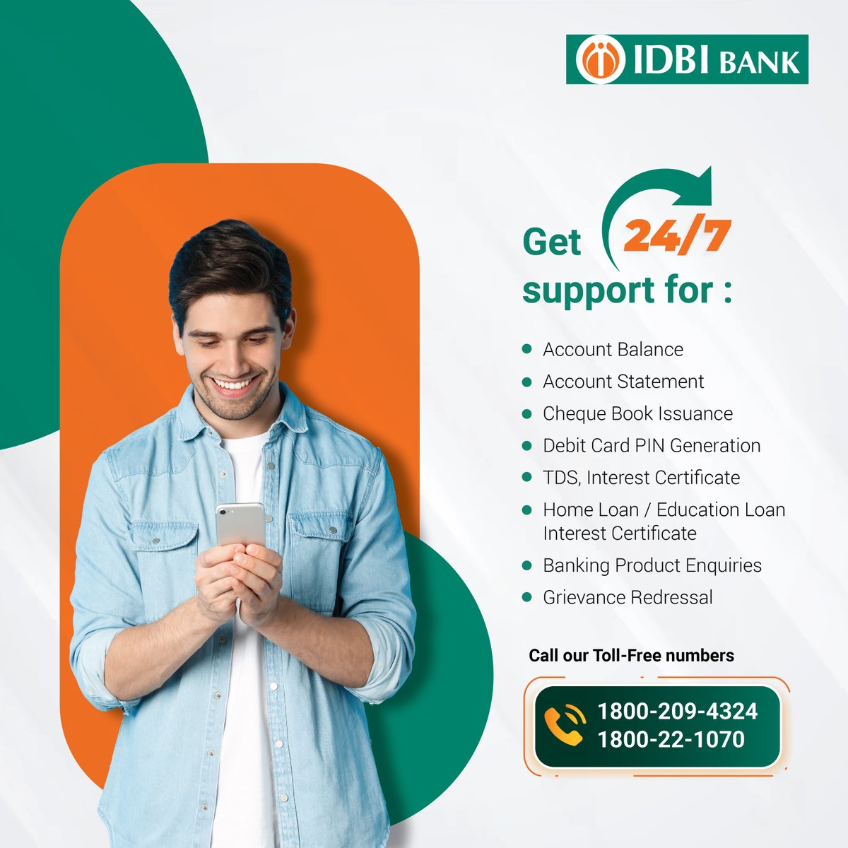 Get 24/7 assistance on our Toll-Free numbers for the mentioned services. #CustomerGrievances #GrievanceRedressal #CustomerCare #IDBIBank