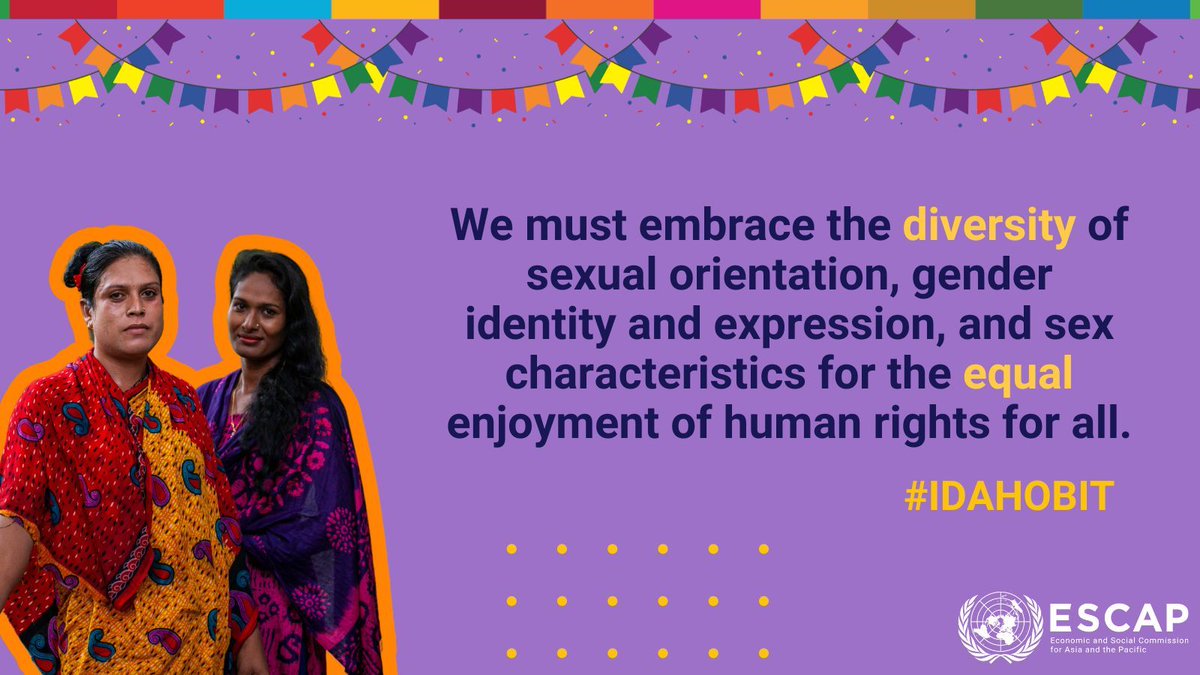 🌈 All people have an equal right to live free from violence, persecution, discrimination and stigma. 

#IDAHOBIT is a reminder to celebrate and not discriminate against LGBTIQ+ people. 

✨Let’s protect their human rights across #AsiaPacific. 

#LGBTIQIRights @unwomenasia