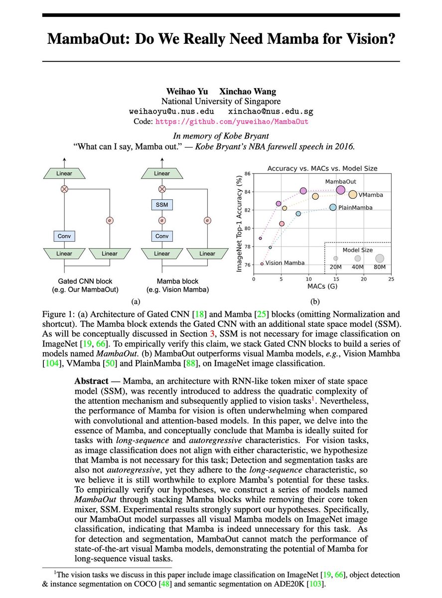 Excited to share our paper “MambaOut: Do We Really Need Mamba for Vision?” Based on our concept discussion, we hypothesize Mamba is unnecessary for ImageNet while exploring for detection and segmentation remains worthwhile. To verify these, we build MambaOut with Mamba blocks but