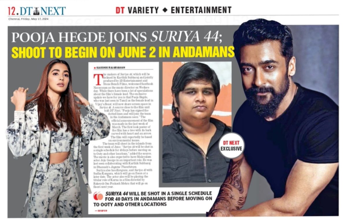 #Suriya44 Exclusive: @hegdepooja joins the film as female lead. Film to go on floors in the Andamans from the 1st week of June. @Suriya_offl #Kanguva #Rolex