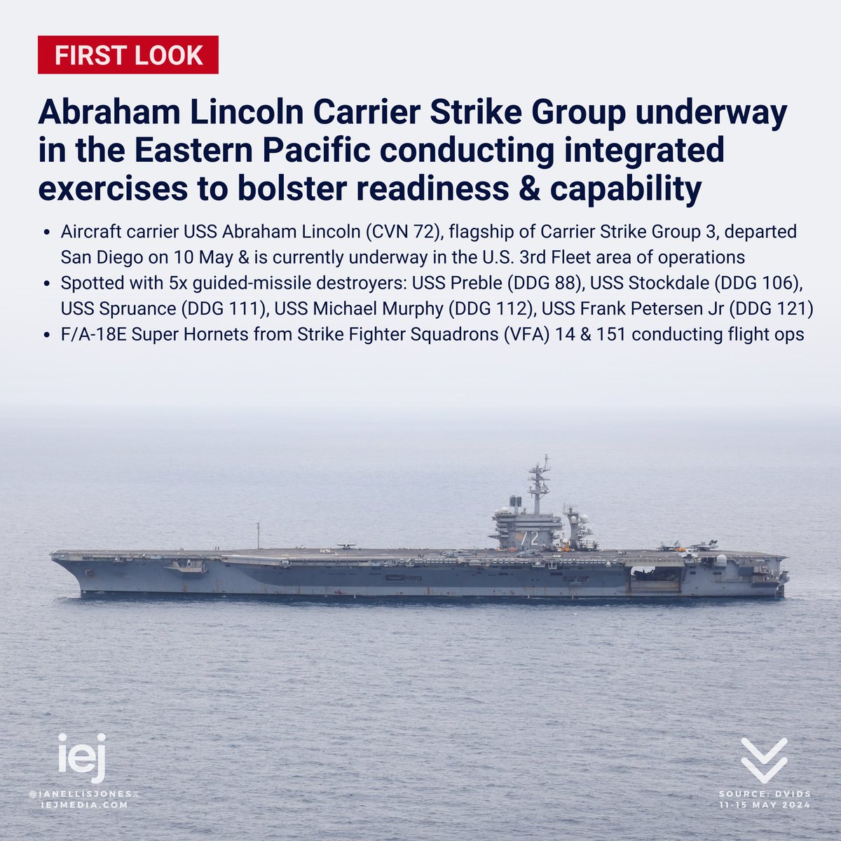 First look at the Abraham Lincoln carrier strike group 👀 USS Abraham Lincoln (CVN 72) & 5 guided-missile destroyers are underway conducting exercises off the west coast. The CSG is preparing for a Pacific deployment & this is the first time the composition has been revealed: