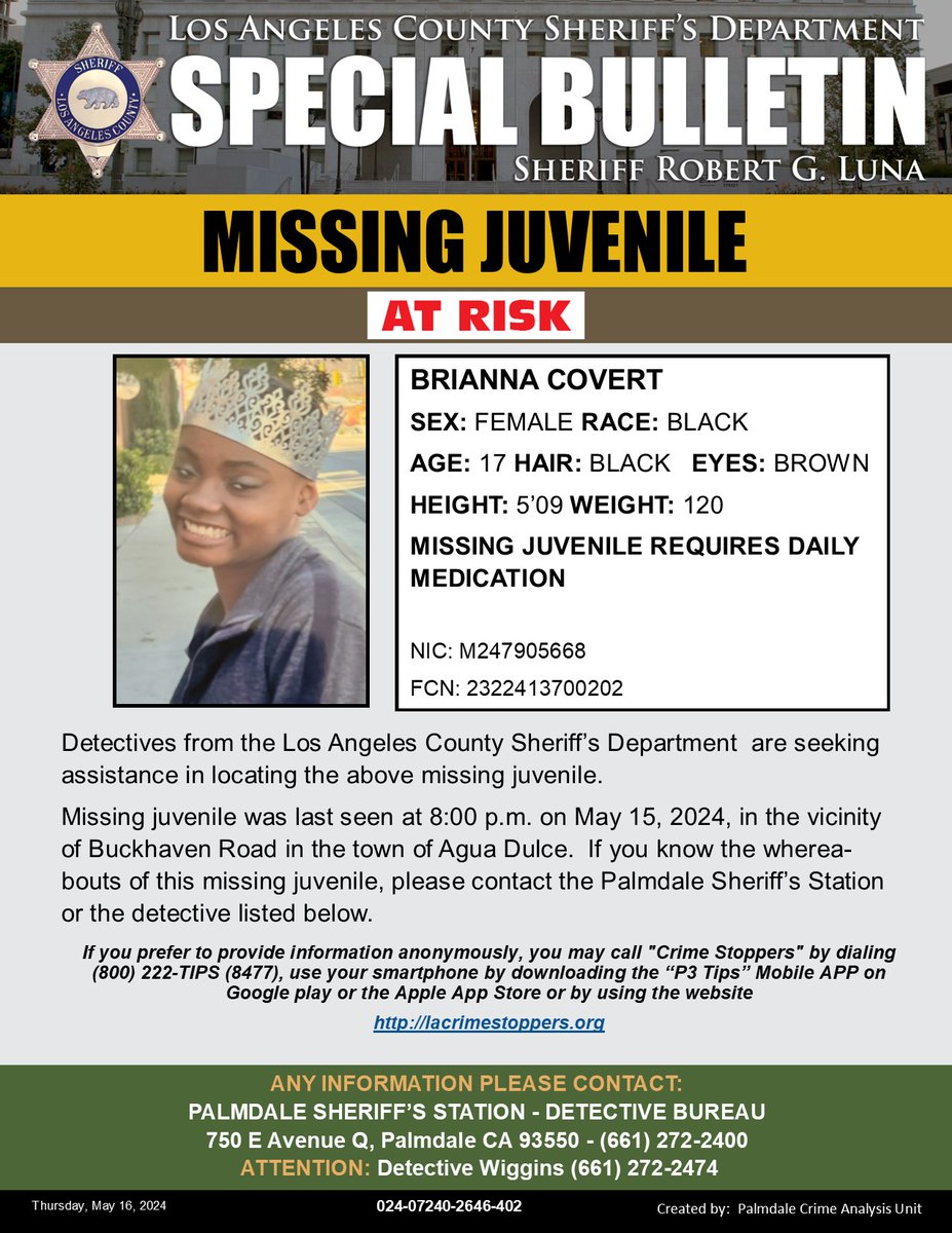 #LASD is Asking for the Public's Help Locating Missing Juvenile, Brianna Covert, #AguaDulce - local.nixle.com/alert/10991037/