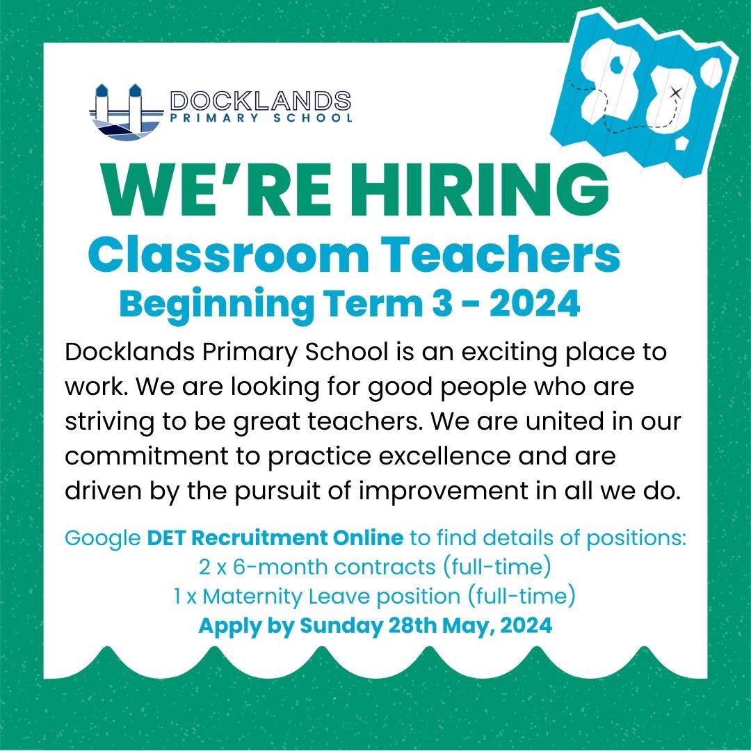 Docklands Primary School (@docklandsps) on Twitter photo Classroom teachers! We are looking for wonderful, warm practitioners to join our great teaching team. Our classrooms are calm and orderly, our curriculum is rigorous, our professional learning is world class, and our students are divine. Come join us! <a href="/VicGovDE/">Victorian Department of Education</a> Classroom teachers! We are looking for wonderful, warm practitioners to join our great teaching team. Our classrooms are calm and orderly, our curriculum is rigorous, our professional learning is world class, and our students are divine. Come join us! <a href="/VicGovDE/">Victorian Department of Education</a>