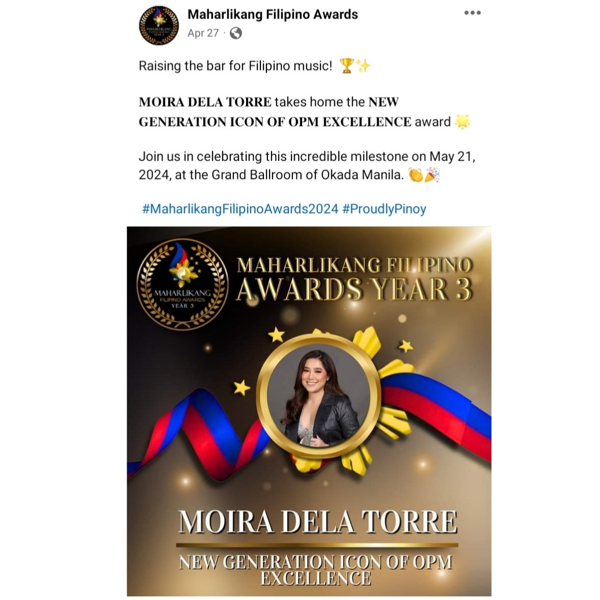 ✨Good karma✨

Moira Dela Torre is set to receive the NEW GENERATION ICON OF OPM EXCELLENCE AWARD on Maharlikang Filipino Awards 2024 to be held in Okada, Manila this May 21st. 

Congratulations, Moira! 👏🏼 🏆💐

@moiradelatorre | #MoiraDelaTorre