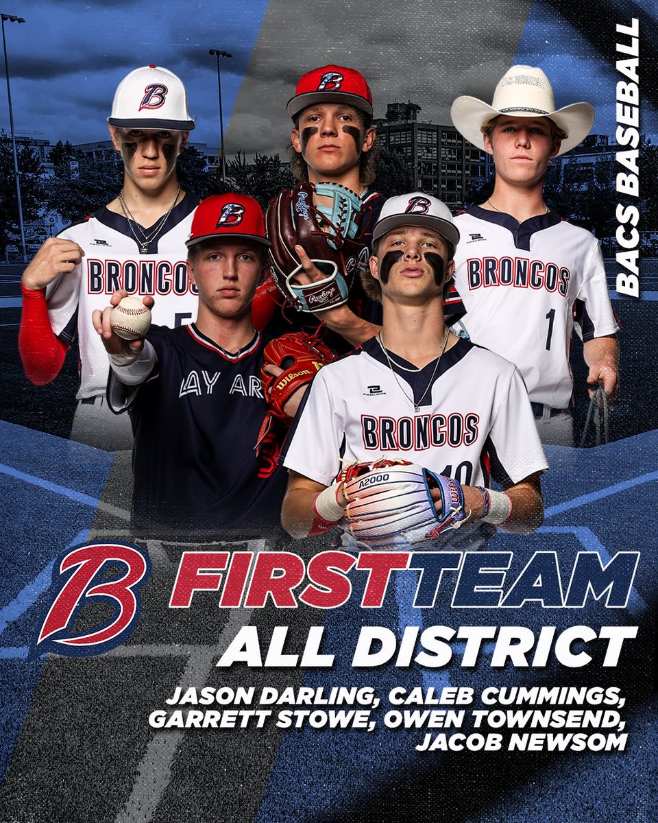 🚨First Team All District Selections🚨 Congrats to the Bay Area Broncos: 1st Team All District Selections: Jacob Newsom Caleb Cummings Owen Townsend Garrett Stowe Jason Darling #BACSBaseball