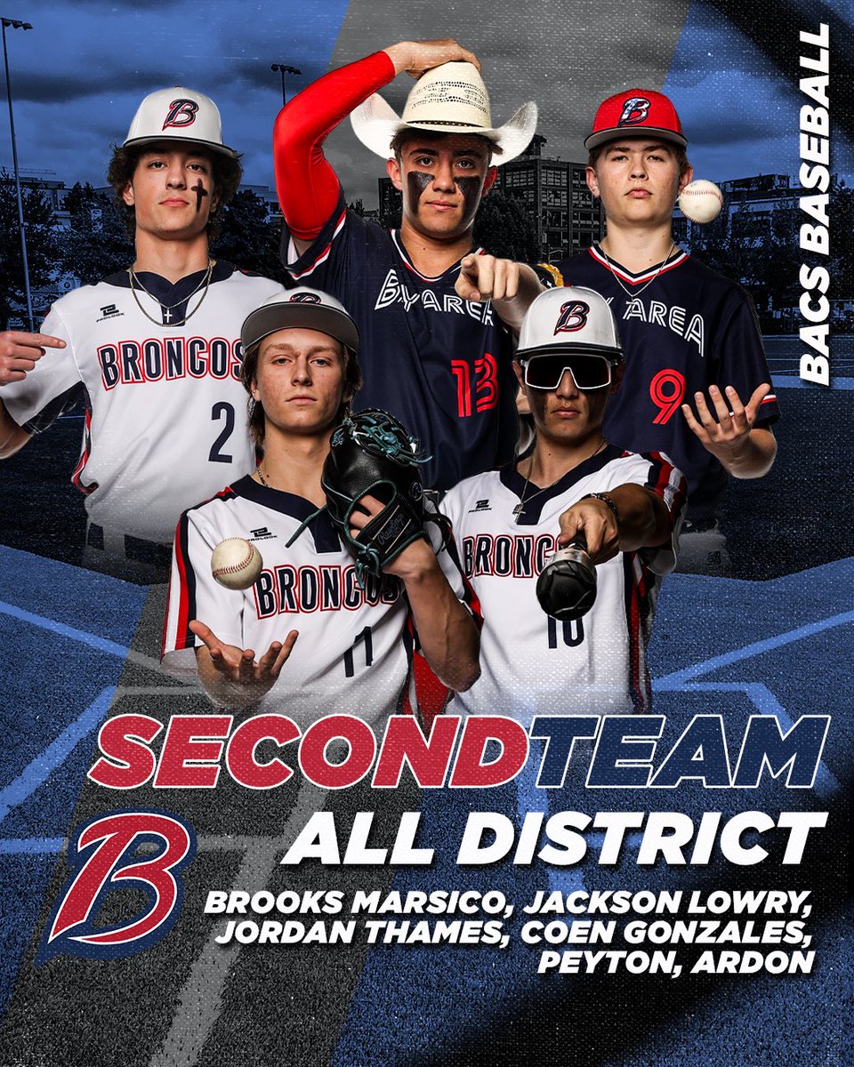 🚨2nd Team All District Selections🚨 Congrats to the Bay Area Broncos: 2nd Team All District Selections: Peyton Ardoin Jordan Thames Jackson Lowry Coen Gonzales Brooks Marsico #BACSBaseball