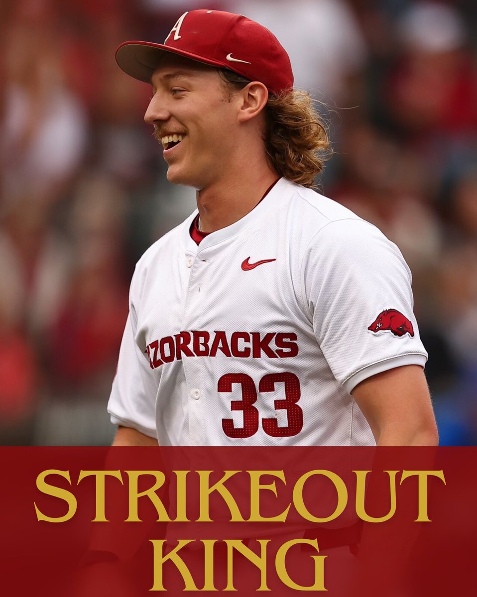Hagen Smith is Arkansas’ new strikeout king 👑 He officially passed Nick Schmidt (2003-06) for the most career strikeouts (346) in Razorback program history.