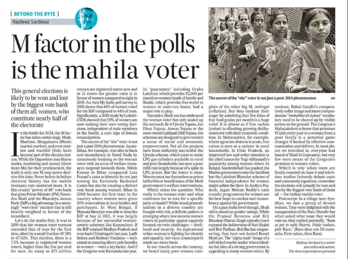 Friday column: The ‘M’ factor that is deciding Indian elections. No, not Modi or Muslims (or mangalsutra or mutton) but Mahila. My column this week on the ‘power of 49’ and how its become the biggest and most crucial vote bank of 2024. Who really is the distinctive woman voter