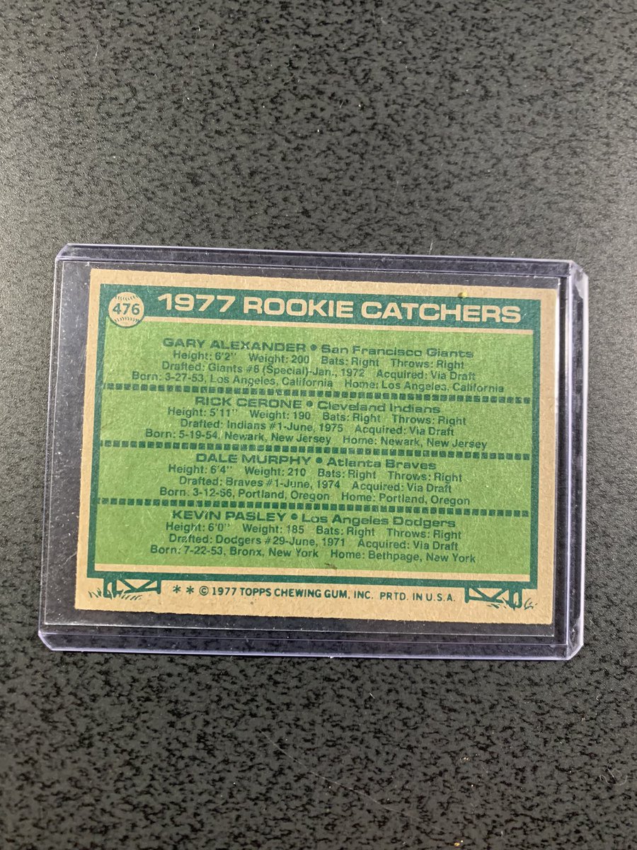 1977 Topps Rookie Catchers 476
This was the grail for me being a Dale Murphy & @Braves fan as a kid. 
I sold one to the local antique mall to pay for a date in 9th grade. My collecting days were done.😁
@DaleMurphy3 #dalemurphy @RetroCardSnaps @DubMentality #thehobby @Topps