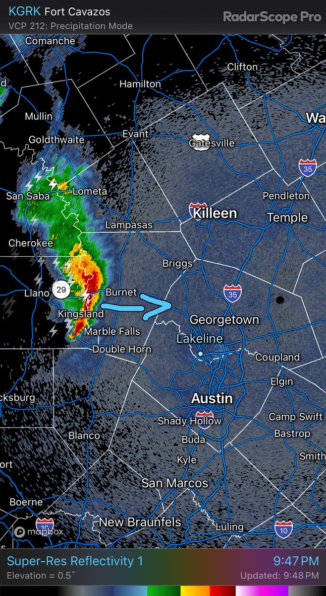 9:50 PM Update

Non-severe isolated storm keeps trucking along SH 29 through the Hill Country. 

This could make its way into Williamson County in the next 30-45 minutes if it holds. Small hail and gusty winds possible. #txwx