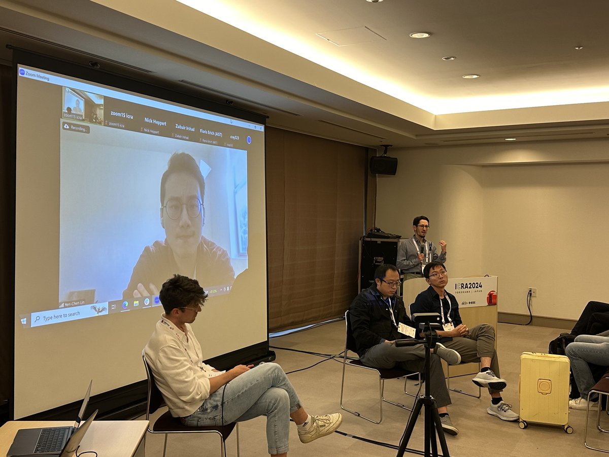 Next up at our #ICRA24 #RoboNerF workshop, @zsoltkira is moderating the panel discussion with @xiaolonw @danfei_xu @yen_chen_lin and Janik Zurn on challenges and open questions for Neural fields in Robotics.