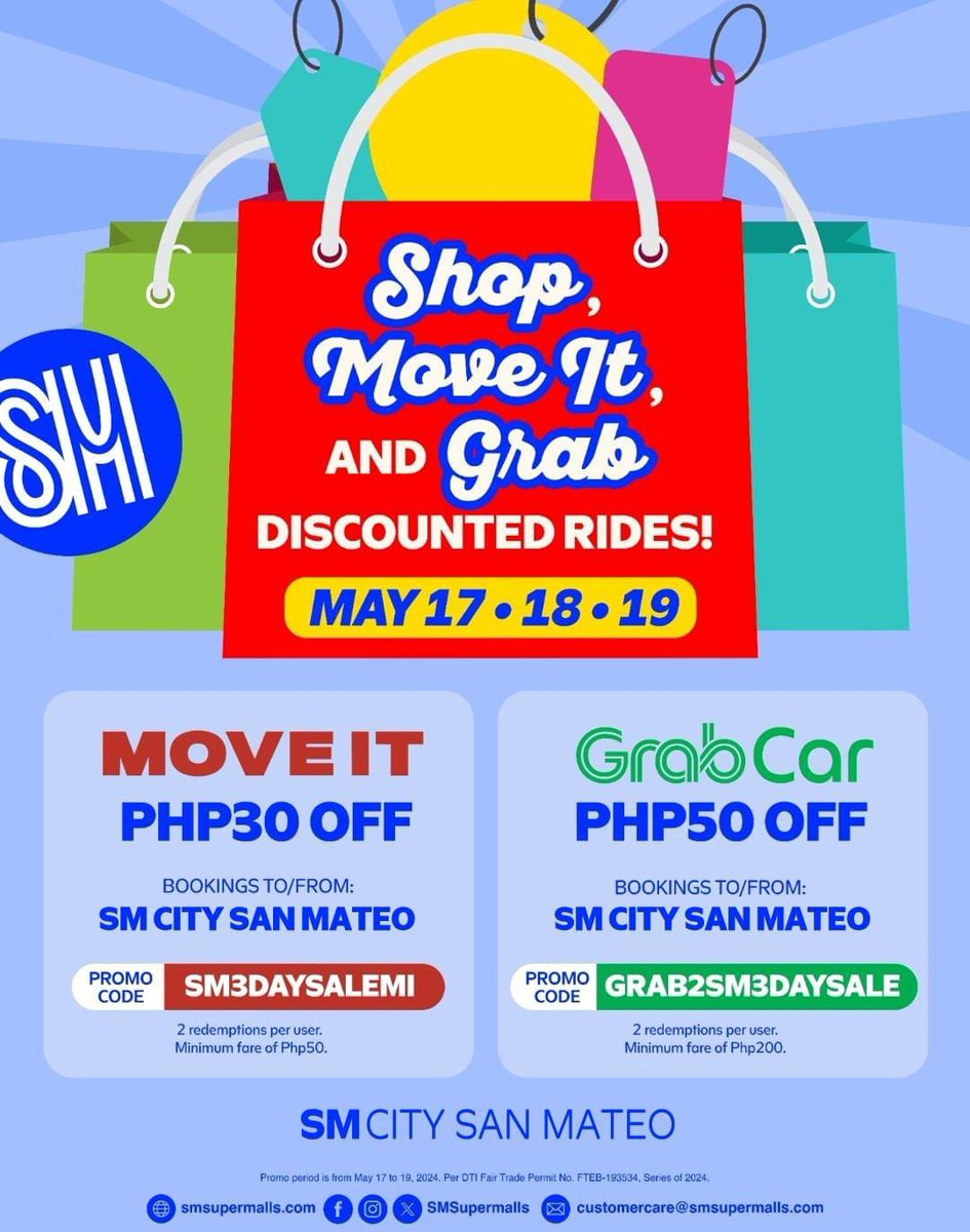 The BIGGEST MALLWIDE SALE this SUMMER is here! 🌞🙌🛍

Get discounted  MOVE IT and GRAB CAR vouchers when your booking to or booking from SM City San Mateo! 😉😉😉

All this and so much more only at the 3-Day Sale! 🫰

#GetHypedAtSM 
#SMSanMateo3DaySale 
#EverythingsHereAtSM