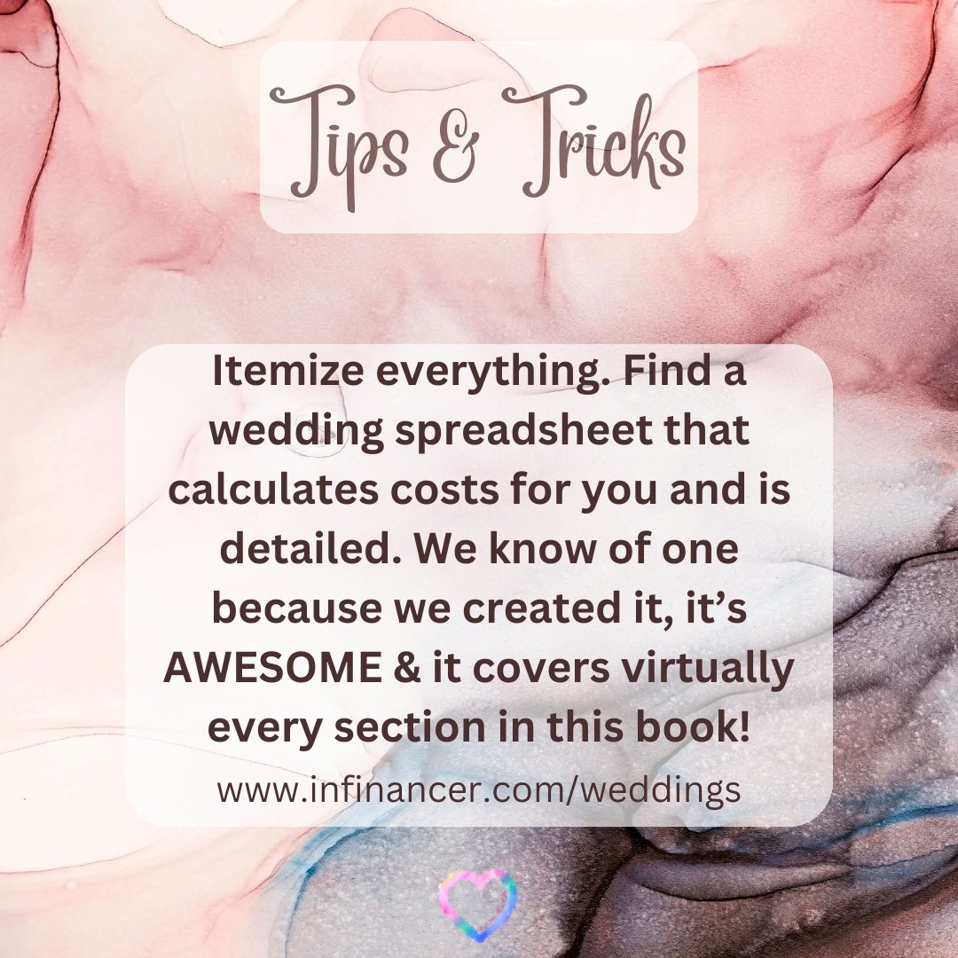 Itemize everything! Find a wedding spreadsheet that calculates cost for you & is detailed. We know of one because we created it, it's AWESOME & it covers virtually every section in the First Yes, Then I Do wedding planner! #weddingtips #weddingplanner #weddings #justengaged #fyp