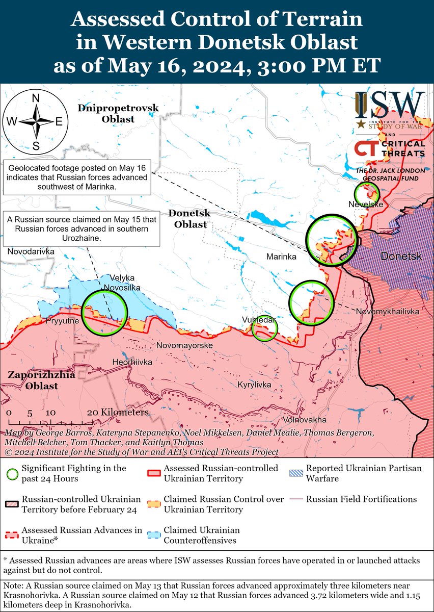 TheStudyofWar's tweet photo. 2/ Russian forces recently made a confirmed advance west of Donetsk City. Geolocated footage published on May 16 indicates that Russian forces recently advanced southwest of Marinka (southwest of Donetsk City). https://t.co/TWRaBHLof0 https://t.co/KdXGBfgxsf