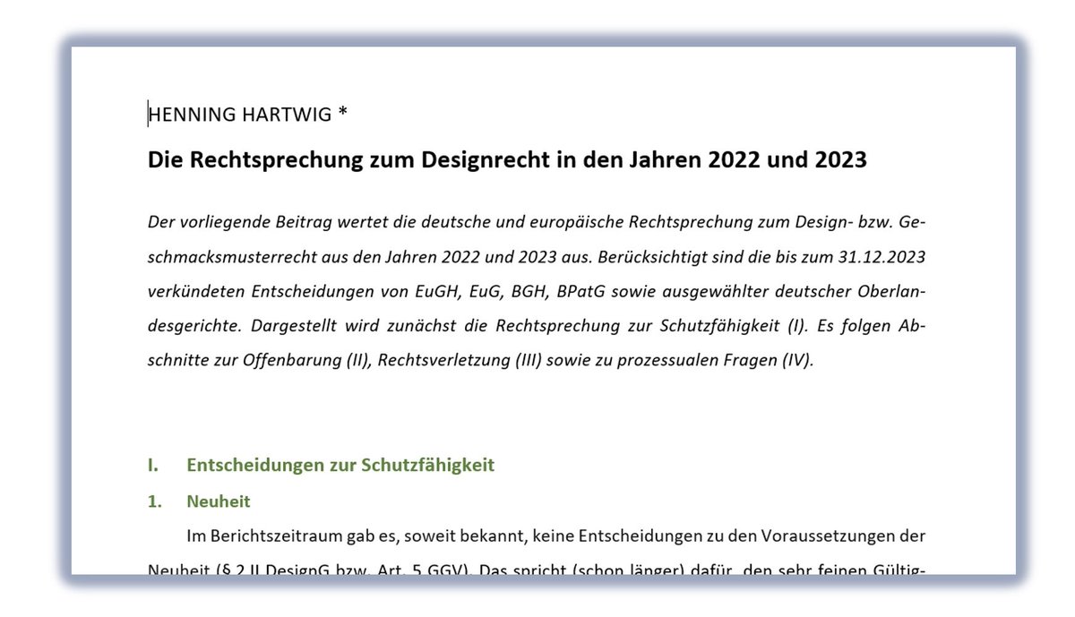 HenningHartwig_'s tweet image. Pleased to share that my new two-yearly report on EU design law, covering approx. 70 decisions from various jurisdictions, has been accepted for publication  #designlaw #DesignPatents #designrights

💪