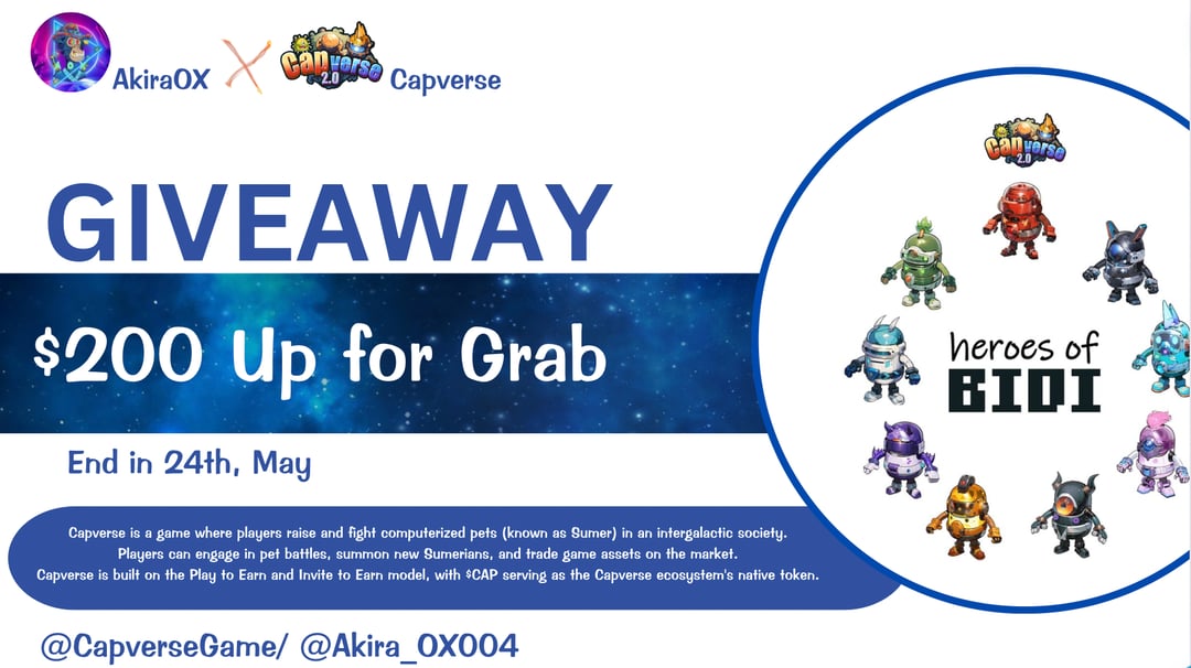😍😍 Capverse Gleam Campaign! #Giveaway

🏆 Prize Pool »» $200 USDT Token #reward 

✅ Follow @CapverseGame & @Akira_OX004
✅ Like, RT and Tag 3 Friends
✅ Finish #Gleam ⤵️ wn.nr/BwyQyhh

Capverse is a PlayToEarn & InviteToEarn that lets you summon & battle Sumer NFTs.