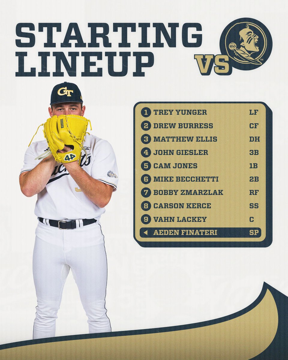 Lineup for Game 1 🕖 7 PM 🆚 Florida State 📺 espn.com/watch/player/_… 📻 GT Gameday App 📊 statb.us/v/geot/503061