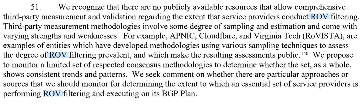 heymingwei's tweet photo. Per this FCC notice, 9 largest US service providers need to submit annual and quarterly *confidential* reports on BGP security. No major cloud-service providers included (e.g. AWS or GCP). RPKI ROA rate targets above 90%, no specfic ROV target. https://t.co/YTWIRiMuP7