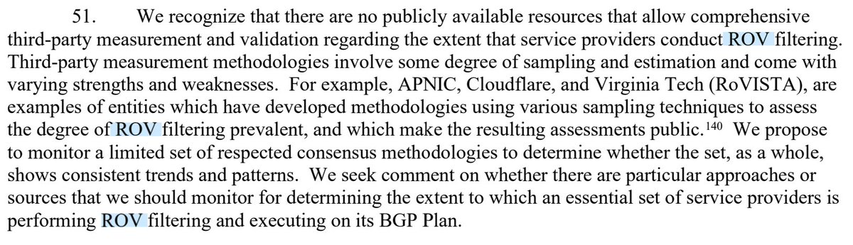 Per this FCC notice, 9 largest US service providers need to submit annual and quarterly *confidential* reports on BGP security. No major cloud-service providers included (e.g. AWS or GCP). RPKI ROA rate targets above 90%, no specfic ROV target.