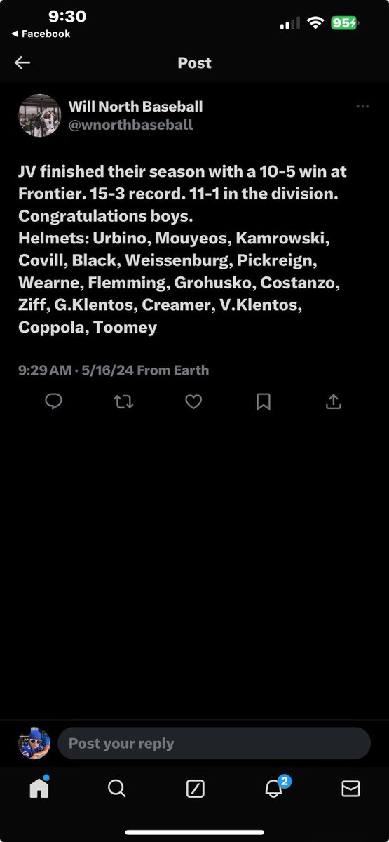 Great last game of the year from the boys beating frontier 10-5, great season from the boys ending 15-3. <a href="/WillNorthHigh/">Williamsville North</a> <a href="/wnorthbaseball/">Will North Baseball</a> <a href="/HotCorner_/">Hot Corner Athletics</a> <a href="/MatthewUrbino/">Matthew Urbino</a>