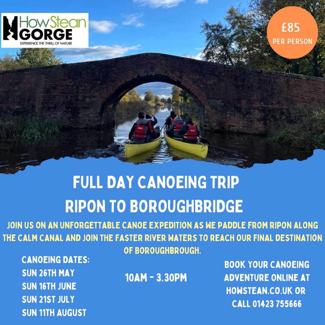 Ready for an epic day on the water in June? Join us for a thrilling #canoeing trip from #Ripon to #Boroughbridge! You’ll paddle along the canal onto the faster flowing waters of the River Ure. Don’t miss out - book your spot today! 
howstean.co.uk/events/ #yorkshire #canoe