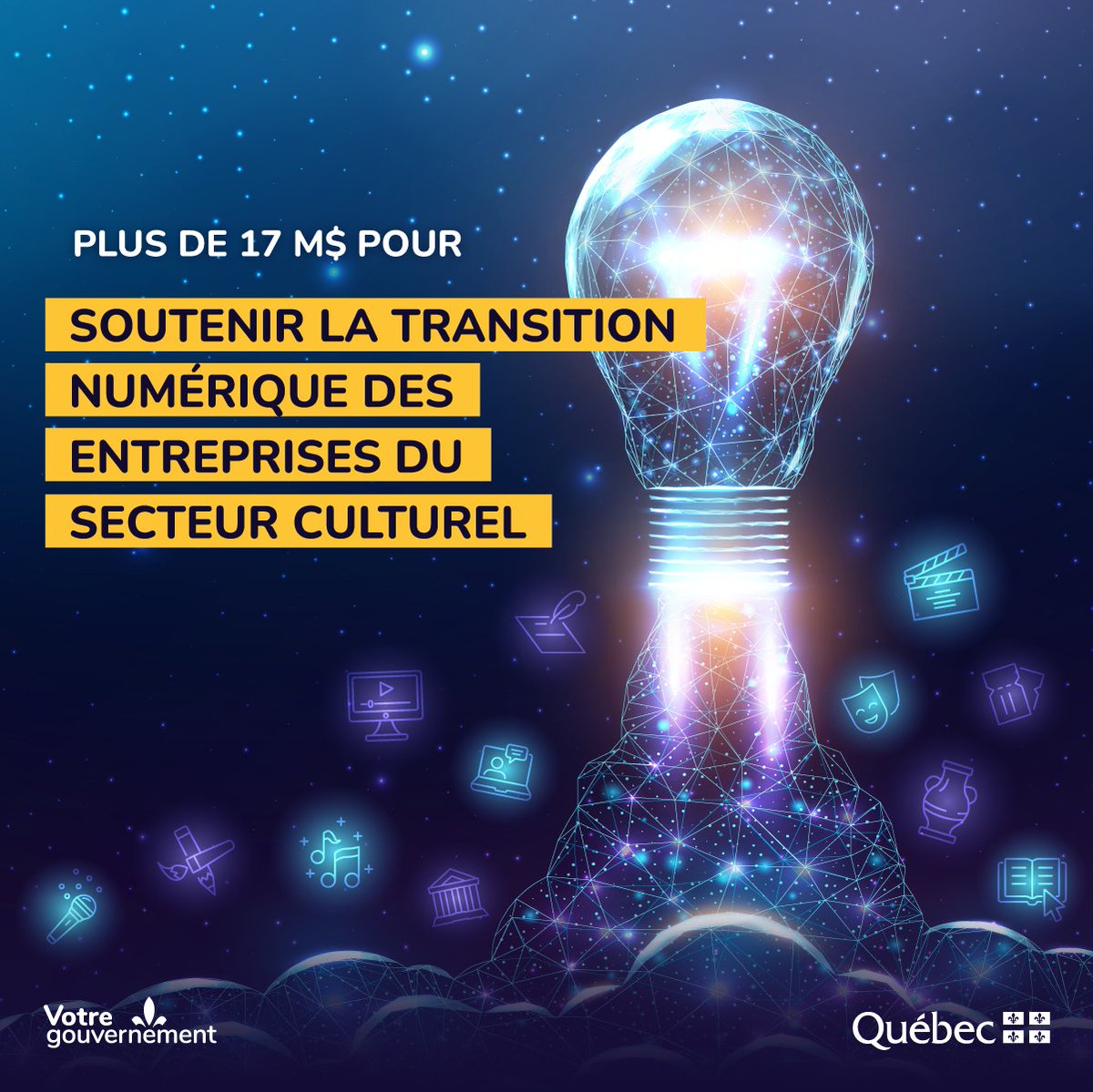 #communiqué
Le @GouvQc octroie plus de 17 M$ pour poursuivre la transition numérique des entreprises du secteur culturel

Détails : bit.ly/3WN7ytY | #CultureQc | #Numérique
