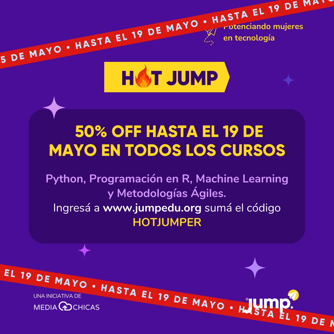 jumpeducacion's tweet image. 👩💻 Aprendé #Python #ProgramaciónEnR #MetodologíasÁgiles
#MachineLearning 👇
🎉 ¡Extendimos el #HotJUMP! 👉 Con el código HOTJUMPER tenes 50% OFF en todos los cursos #IT ingresando a jumpedu.org hasta el 19 de Mayo 🚀