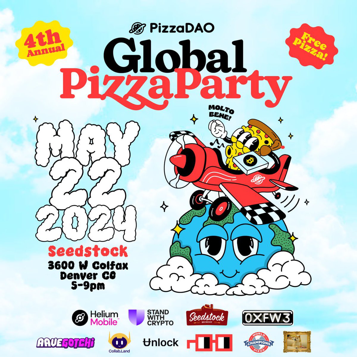 See ya next week at the #btc #globalpizzaparty 🎉 

app.unlock-protocol.com/event/global-p…

Shoutout to <a href="/Pizza_DAO/">PizzaDAO 🍕🏴‍☠️</a> and all of the Denver 🍕 day sponsors: <a href="/SeedstockBrew/">Seedstock Brewery</a> <a href="/0xfw3/">The FW3</a> <a href="/standwithcrypto/">Stand With Crypto🛡️</a> <a href="/collabland/"></a> <a href="/aavegotchi/">Aavegotchi 👻🟦 Now on Base!</a> <a href="/helium/">Helium🎈</a> <a href="/UnlockProtocol/">Ʉnlock Protocol</a> <a href="/nounsdao/">Nouns.eth</a> <a href="/ownthedoge/">Own The Doge 🐶🖼</a>