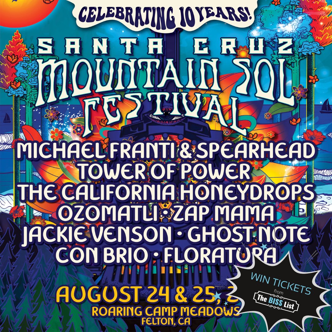 Santa Cruz Mountain SOL Festival returns to the stunning Roaring Camp Railway Park. Featuring Michael Franti & Spearhead, Tower of Power, The California Honeydrops, Ozomalti, Con Brio, Floratura & more! Enter to #WIN a pair of two day passes at bisslist.com/biss_event/mou….