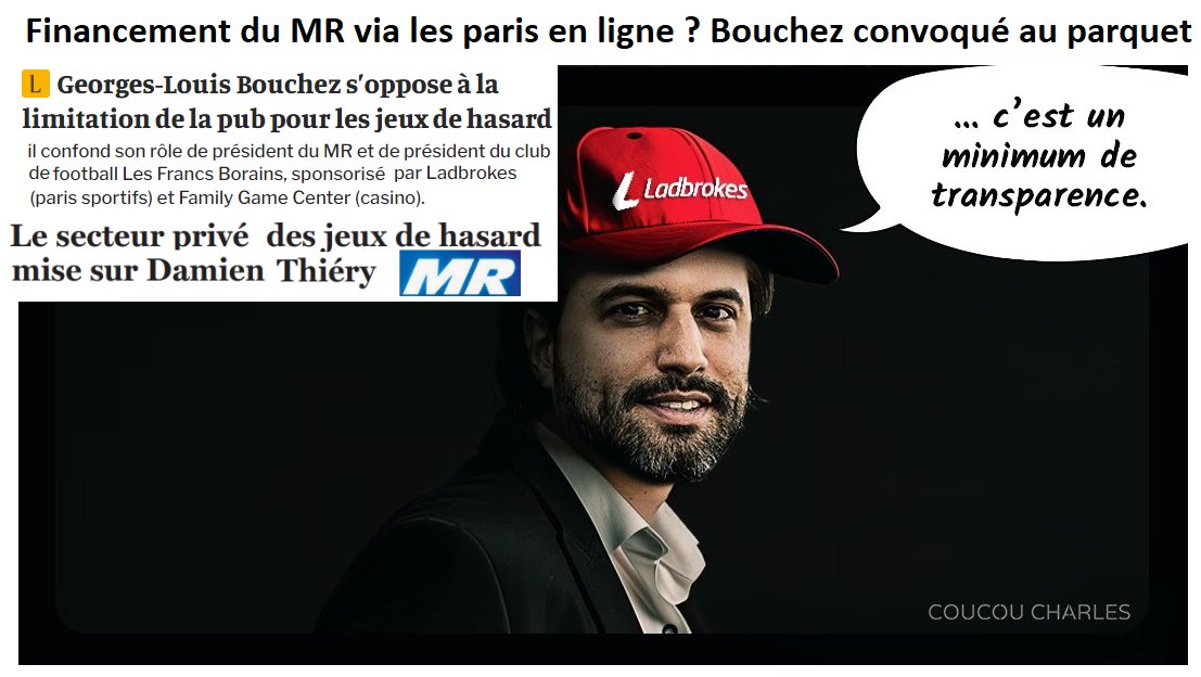 Les firmes de paris en ligne payent des membres du MR pour s'opposer à la protection du consommateur de l'addiction aux jeux . GL Bouchez a été convoqué au parquet pour s'expliquer. Le lobbyiste en chef des paris en ligne est Damien Thierry (MR) lalibre.be/belgique/polit…