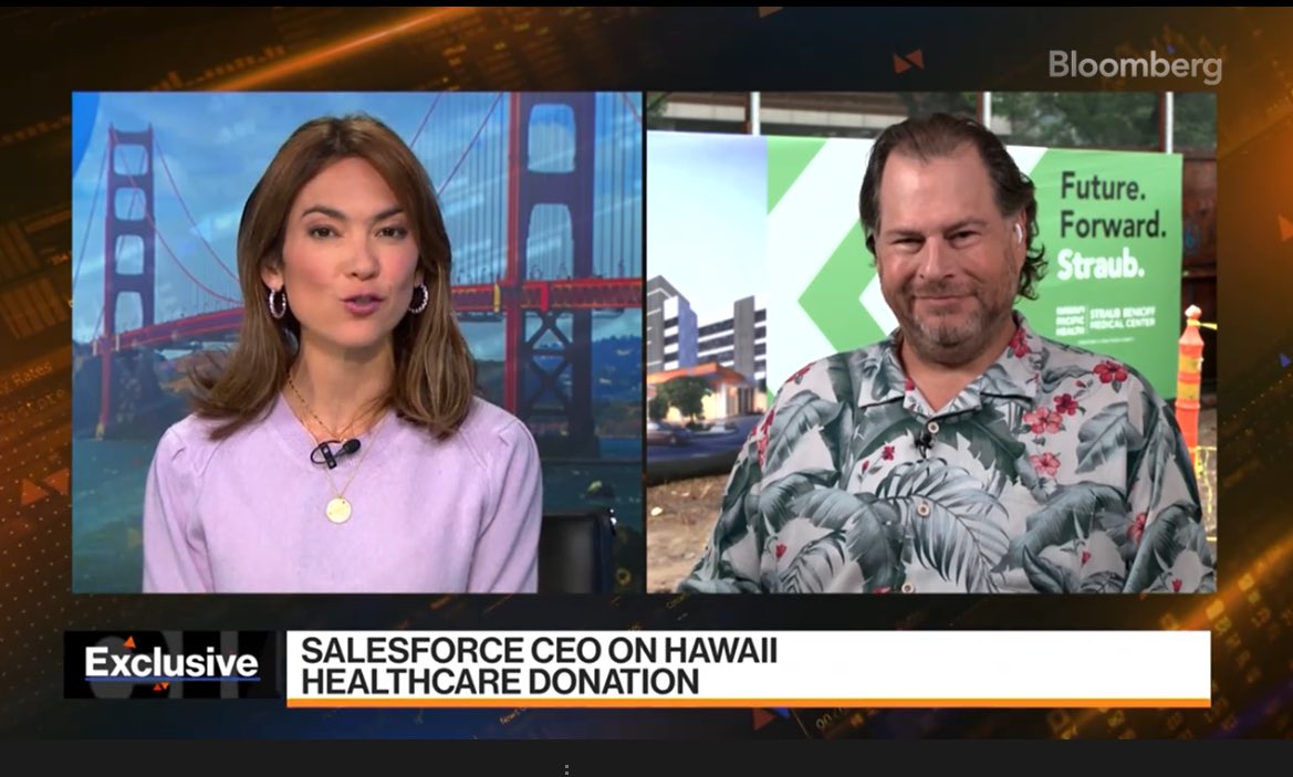 Talking to @benioff who’s in my home state where he’s now given $150 million to the Hawaii healthcare system to level up care and connect to SF hospitals — naturally that evolved to a conversation about @Salesforce, AI and TikTok🌴☀️ bloomberg.com/news/videos/20…