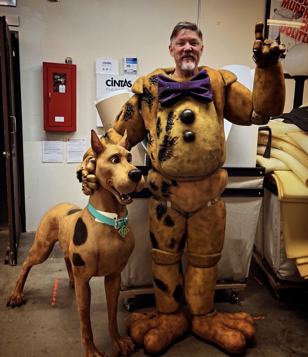 Matthew Lillard in his Springtrap costume with the live-action Scooby Doo puppet.